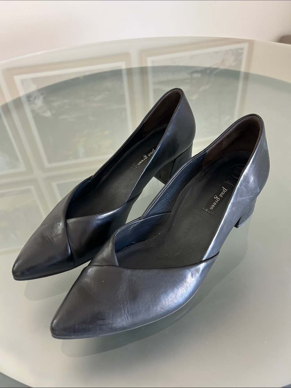 Paul Green Black Leather Pointed Toe Pumps with Low Block Heel UK 6.5 US 9